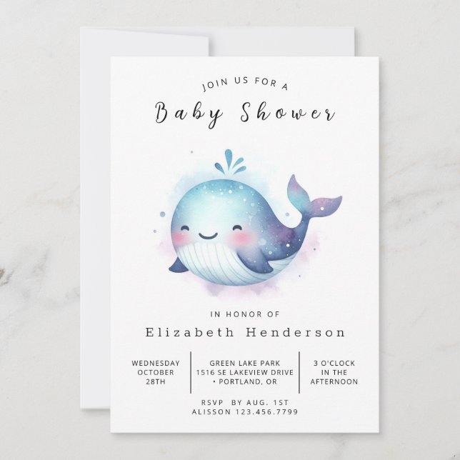 Invitación Baby Shower de ballena editable en ruso (Anverso)