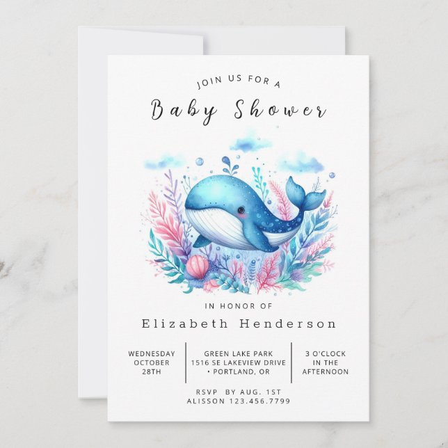 Invitación Baby Shower de ballena editable moderno (Anverso)