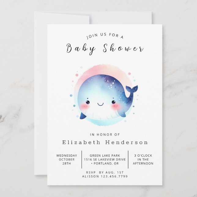 Invitación Baby Shower de ballena editable moderno (Anverso)