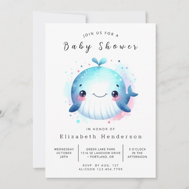 Invitación Baby Shower de ballena editable nautical (Anverso)