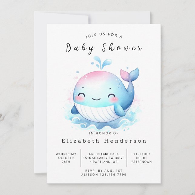 Invitación Baby Shower de ballena editable nautical (Anverso)