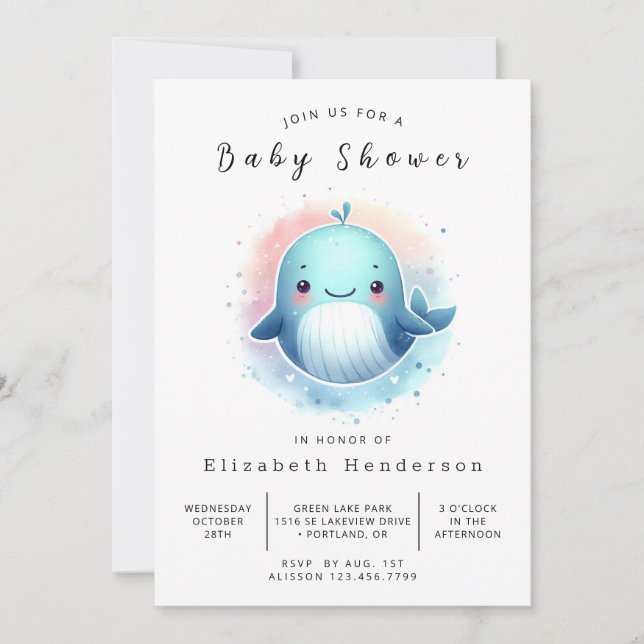 Invitación Baby Shower de ballena editable nautical (Anverso)