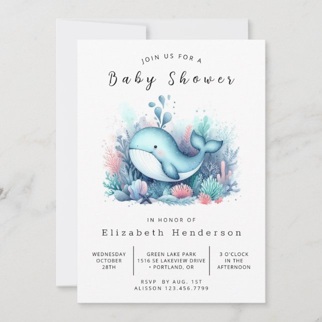Invitación Baby Shower de ballena editable nautical (Anverso)