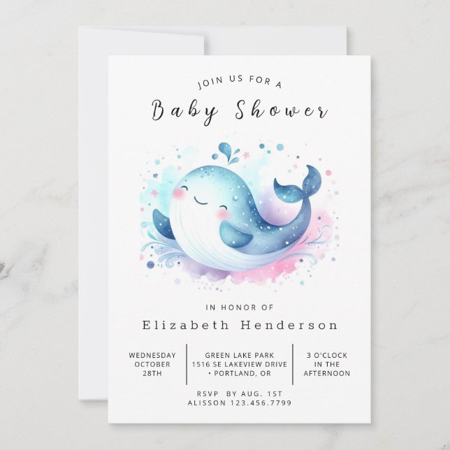 Invitación Baby Shower de ballena editable para el océano (Anverso)
