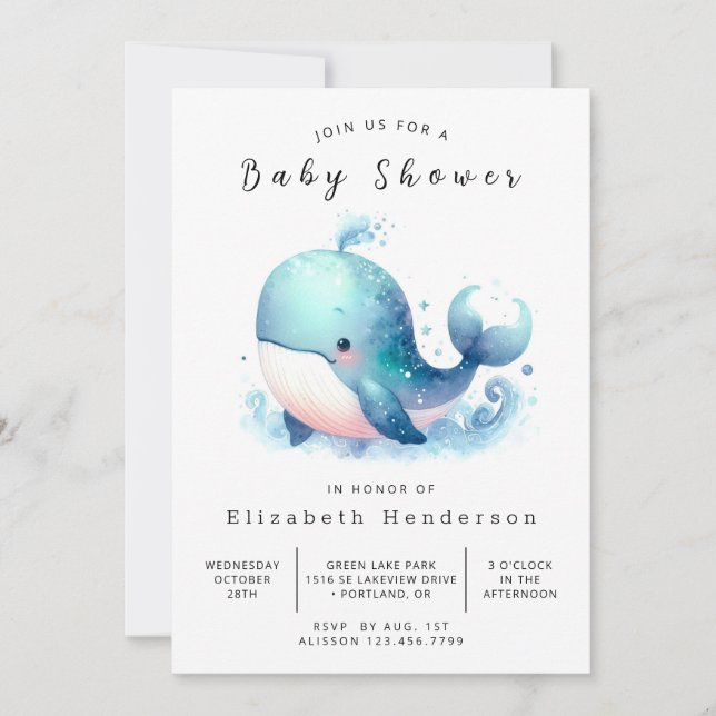 Invitación Baby Shower de ballena editable para el océano (Anverso)