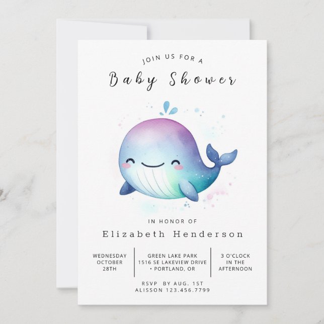 Invitación Baby Shower de ballena editable para pastel (Anverso)