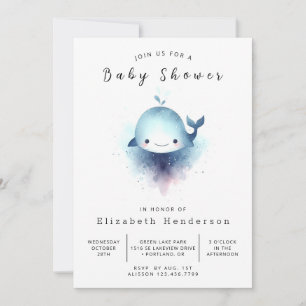 Invitación Baby Shower de ballena editable por color de agua