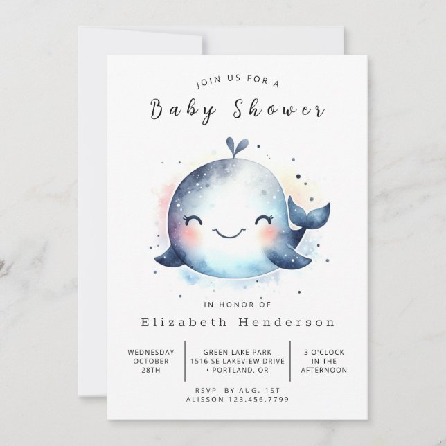 Invitación Baby Shower de ballena editable subacuática (Anverso)