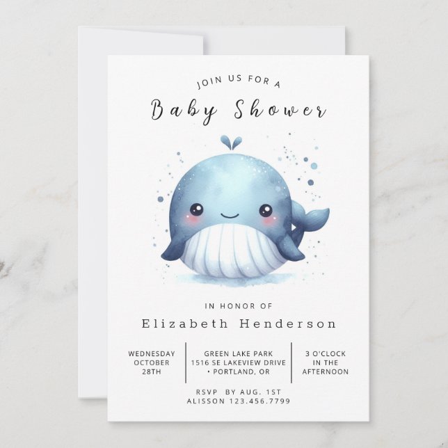 Invitación Baby Shower de ballena en línea nautical (Anverso)