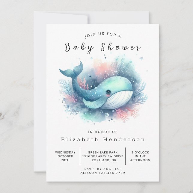Invitación Baby Shower de ballena en línea rusa (Anverso)