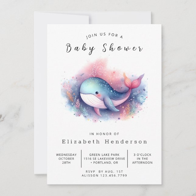 Invitación Baby Shower de ballena impresa feliz (Anverso)