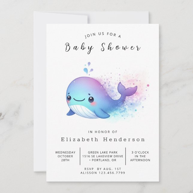 Invitación Baby Shower de ballena impresa feliz (Anverso)