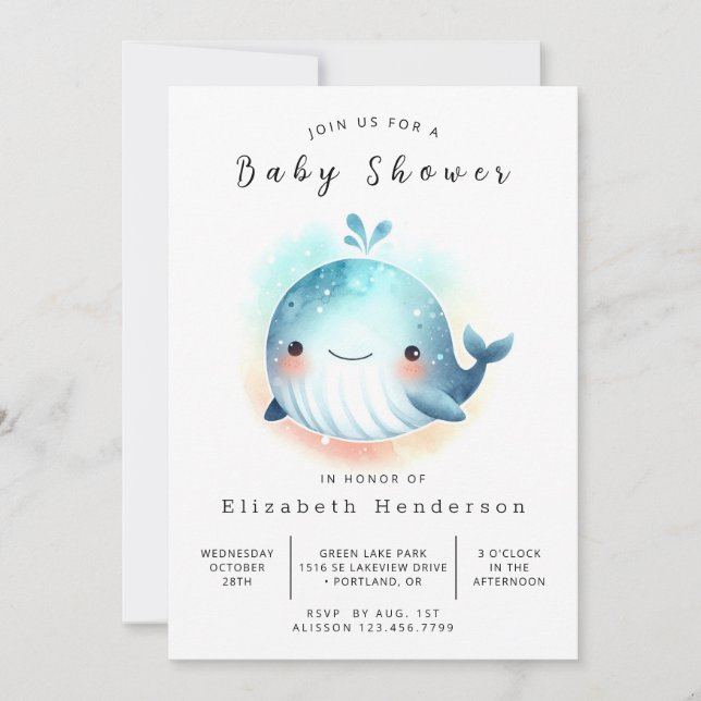 Invitación Baby Shower de ballena imprimible (Anverso)
