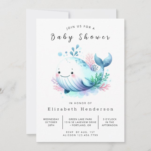 Invitación Baby Shower de ballena imprimible (Anverso)