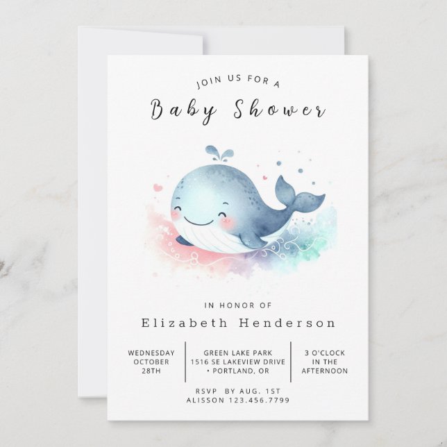 Invitación Baby Shower de ballena imprimible (Anverso)