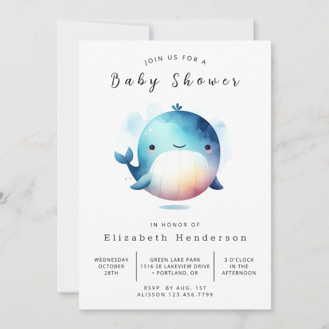 Invitación Baby Shower de ballena imprimible de moda (Anverso)