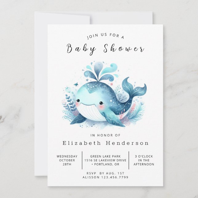 Invitación Baby Shower de ballena imprimible en el océano (Anverso)