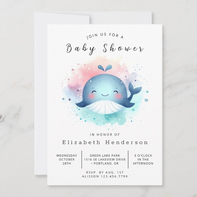 Invitación Baby Shower de ballena imprimible en el océano (Anverso)