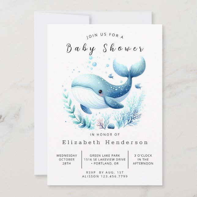 Invitación Baby Shower de ballena imprimible en el océano (Anverso)