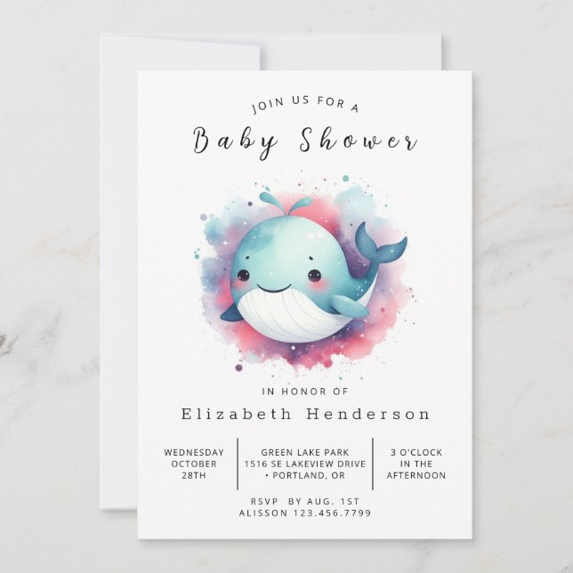 Invitación Baby Shower de ballena imprimible encantado (Anverso)