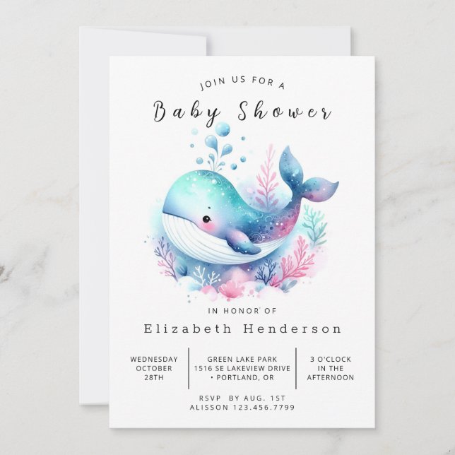 Invitación Baby Shower de ballena imprimible único (Anverso)