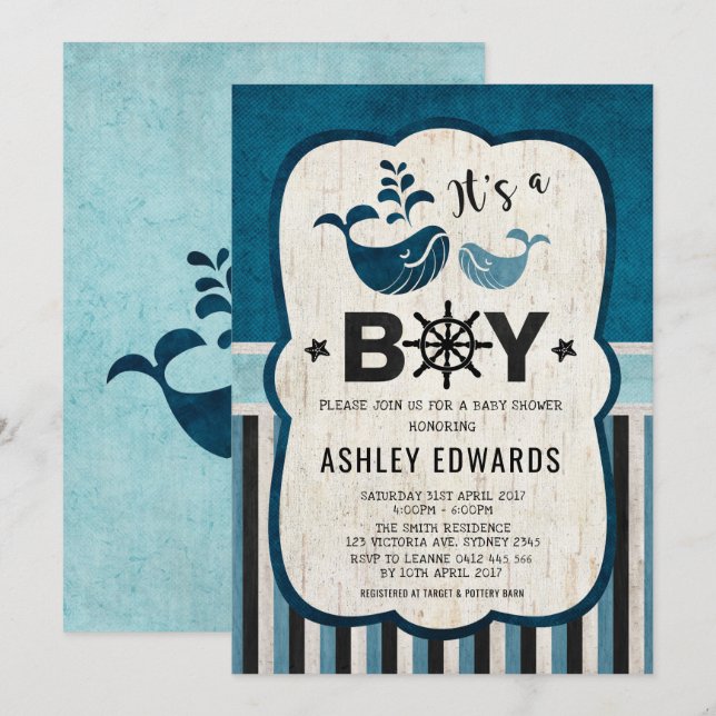 Invitación Baby Shower de ballena invita a hoy es un niño náu (Anverso / Reverso)