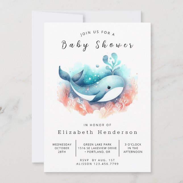 Invitación Baby Shower de ballena modificable divertida (Anverso)