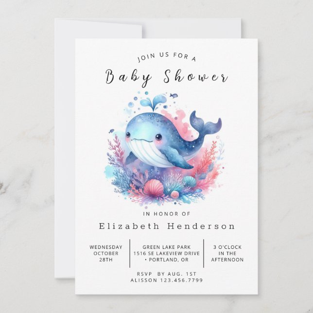 Invitación Baby Shower de ballena modificable divertida (Anverso)