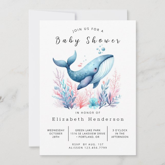 Invitación Baby Shower de ballena modificable neutra por géne (Anverso)