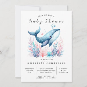 Invitación Baby Shower de ballena modificable neutra por géne