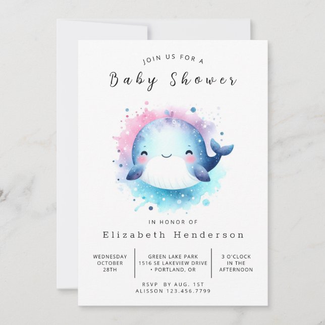 Invitación Baby Shower de ballena modificable neutra por géne (Anverso)