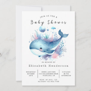 Invitación Baby Shower de ballena modificable neutra por géne