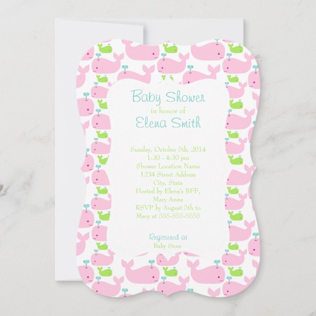 Invitación Baby Shower de ballena rosa y blanca (Anverso)