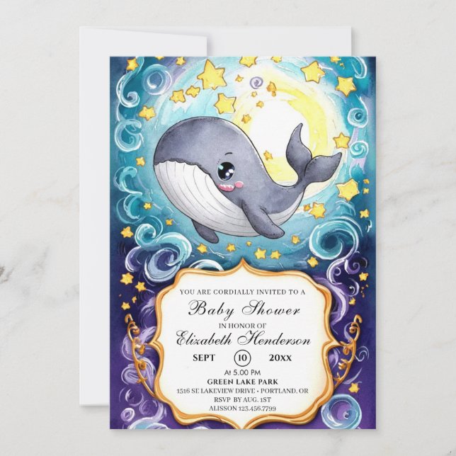 Invitación Baby Shower de ballena simple (Anverso)