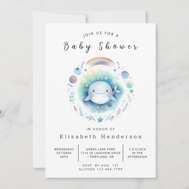 Invitación Baby Shower de ballena simple imprimible (Anverso)