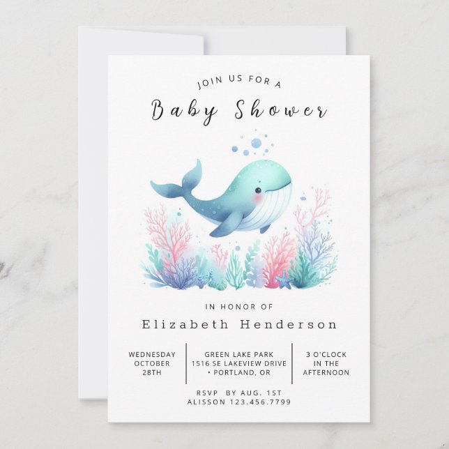Invitación Baby Shower de ballena simple y modificable (Anverso)