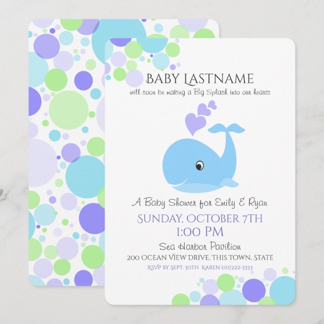 Invitación Baby Shower de ballenas (Anverso / Reverso)
