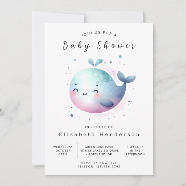 Invitación Baby Shower de ballenas acuáticas en línea (Anverso)