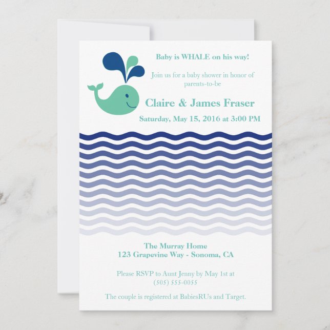 Invitación Baby Shower de ballenas azul y verde (Anverso)