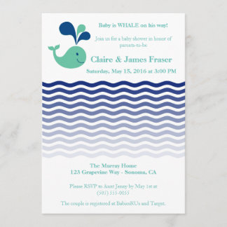 Invitación Baby Shower de ballenas azul y verde