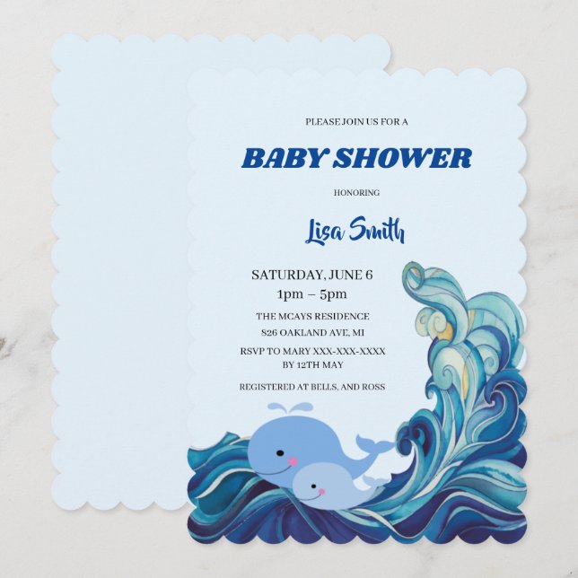 Invitación Baby Shower de ballenas azules náuticas (Anverso / Reverso)