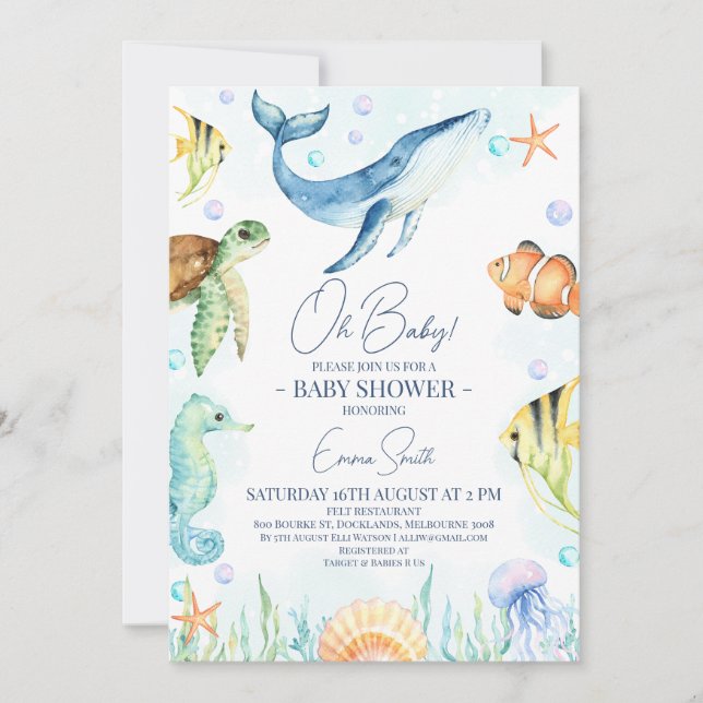 Invitación Baby Shower de Ballenas bajo el mar (Anverso)