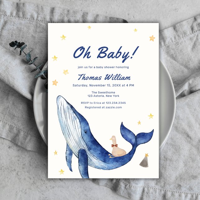 Invitación Baby Shower de ballenas Blue Whimsical Duckling St (Blue Whimsical Duckling Star Whale Baby Shower Invitation)