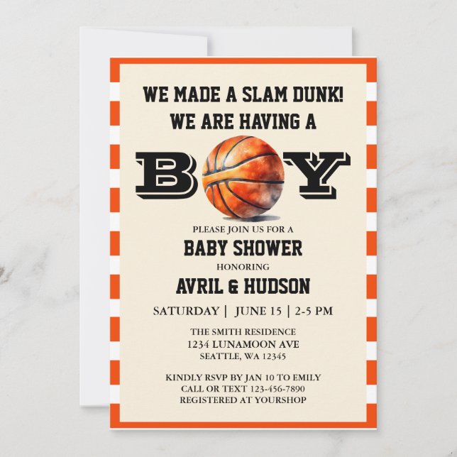 Invitación Baby Shower de baloncesto (Anverso)