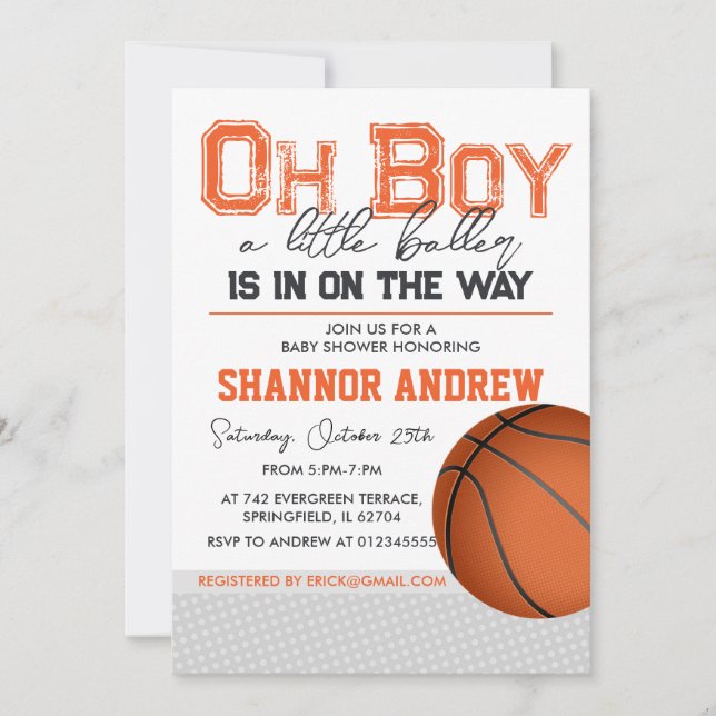 Invitación Baby Shower de baloncesto editable (Anverso)