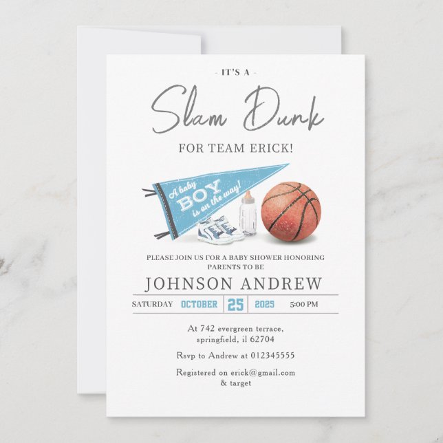 Invitación Baby Shower de baloncesto personal Slam Dunk (Anverso)