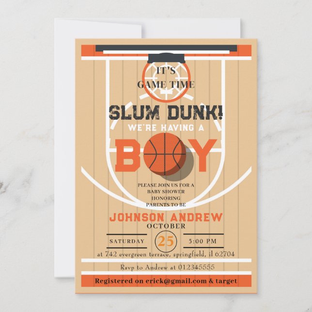 Invitación Baby Shower de baloncesto personal Slumdunk (Anverso)