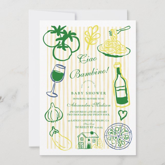 Invitación Baby Shower de banda amarilla Ciao Bambino (Anverso)