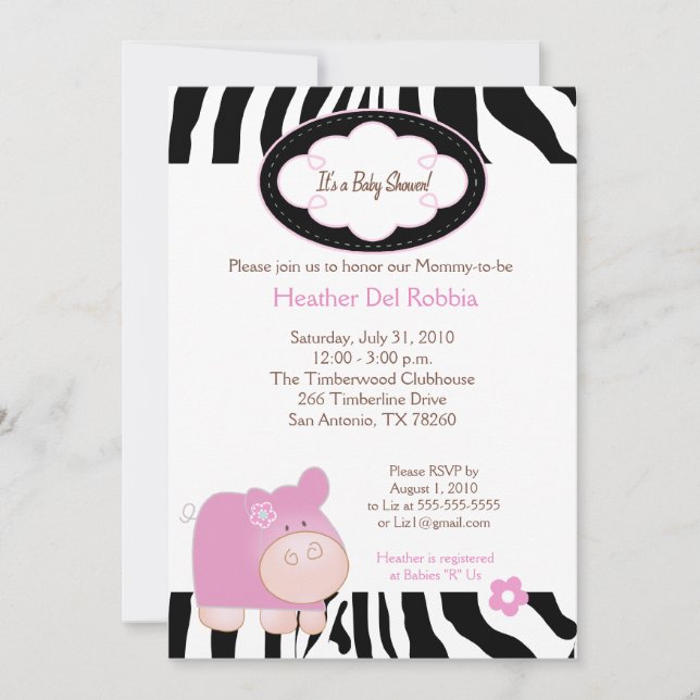 Invitación Baby Shower de banda de cebra rosada Hi (Anverso)
