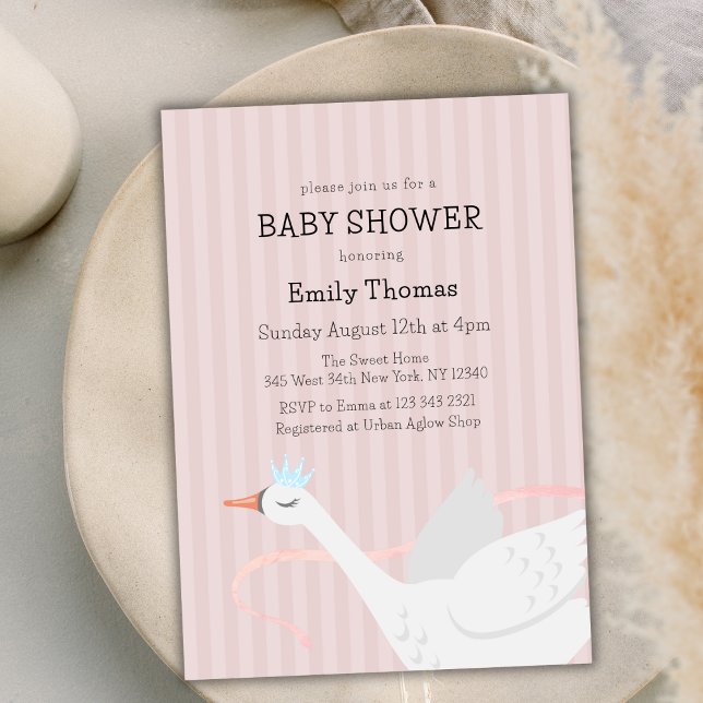 Invitación Baby Shower de banda de cisnes de princesa rosa (Pink Whimsical Princess Swan Stripe Baby Shower Invitation)